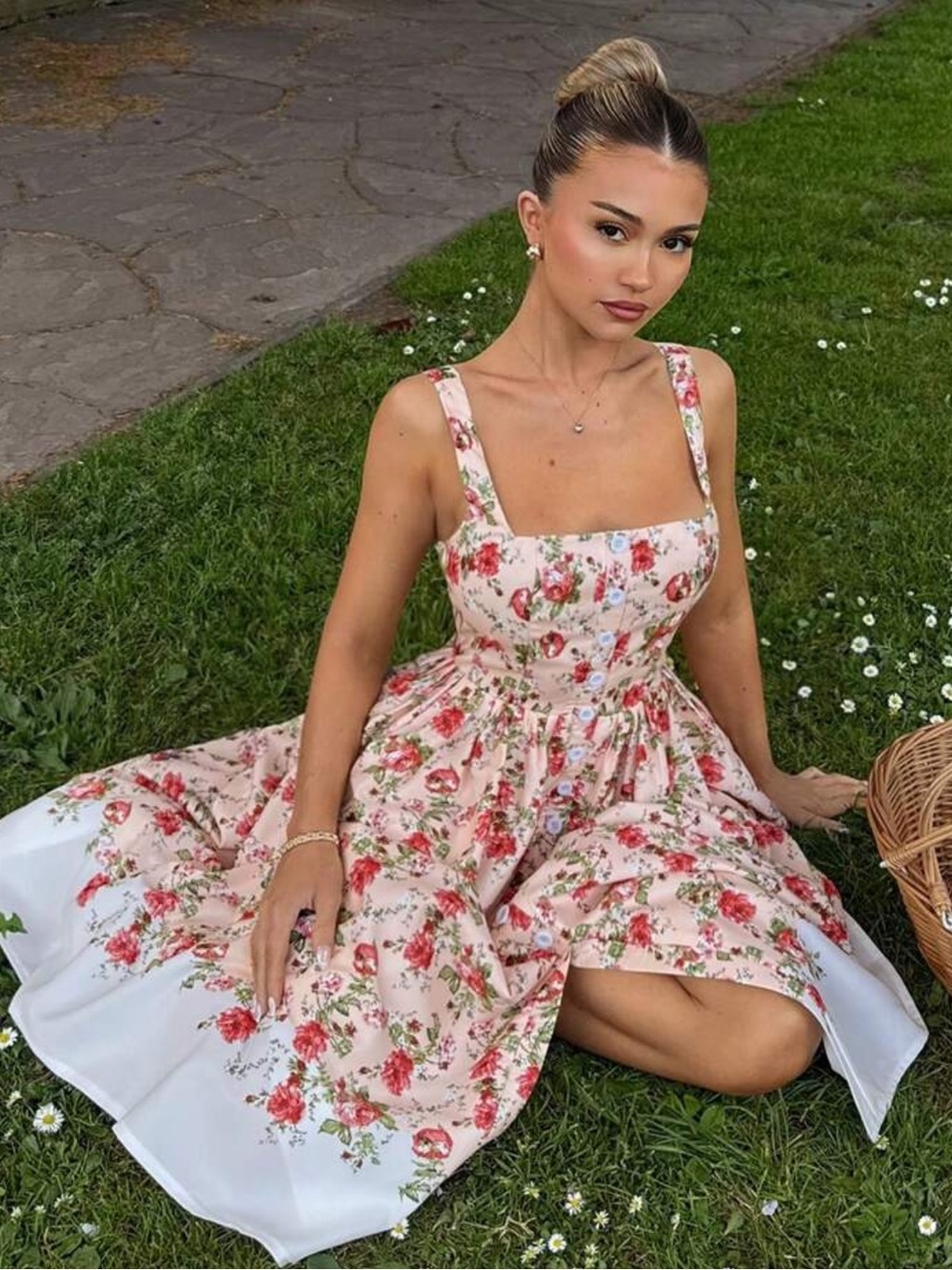 Floral Square-Neck Midi Dress in Blush Pink